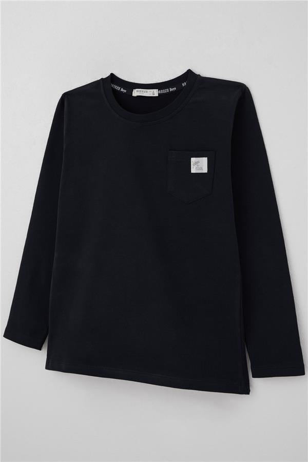 Boys' Long-Sleeve T-Shirt with Cool Text and Emblem, Navy Blue, Pockets (Ages 4-8)