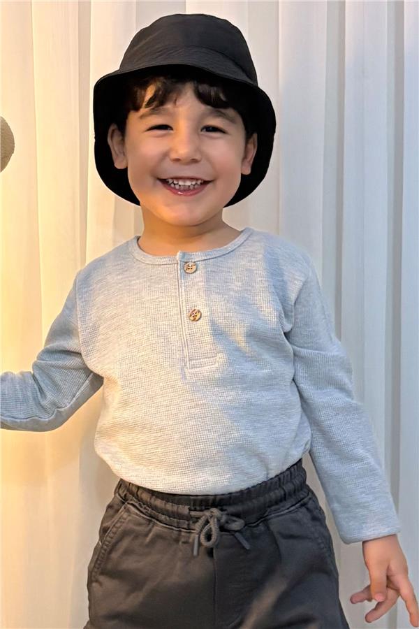 Boys' Long-Sleeve T-Shirt with Button Detail, Light Grey Melange (Ages 4-8)