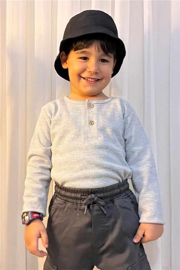 Boys' Long-Sleeve T-Shirt with Button Detail, Light Grey Melange (Ages 4-8)