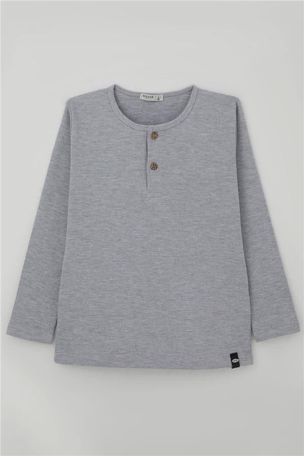 Boys' Long-Sleeve T-Shirt with Button Detail, Light Grey Melange (Ages 4-8)