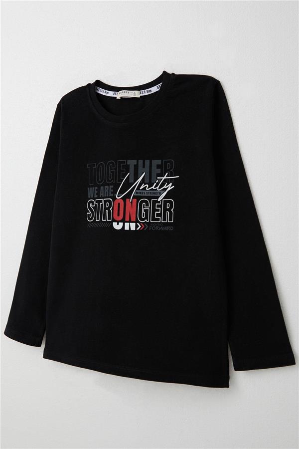 Boys' Long-Sleeve T-Shirt with Motivational Theme and Text Print, Black (Ages 6-12)