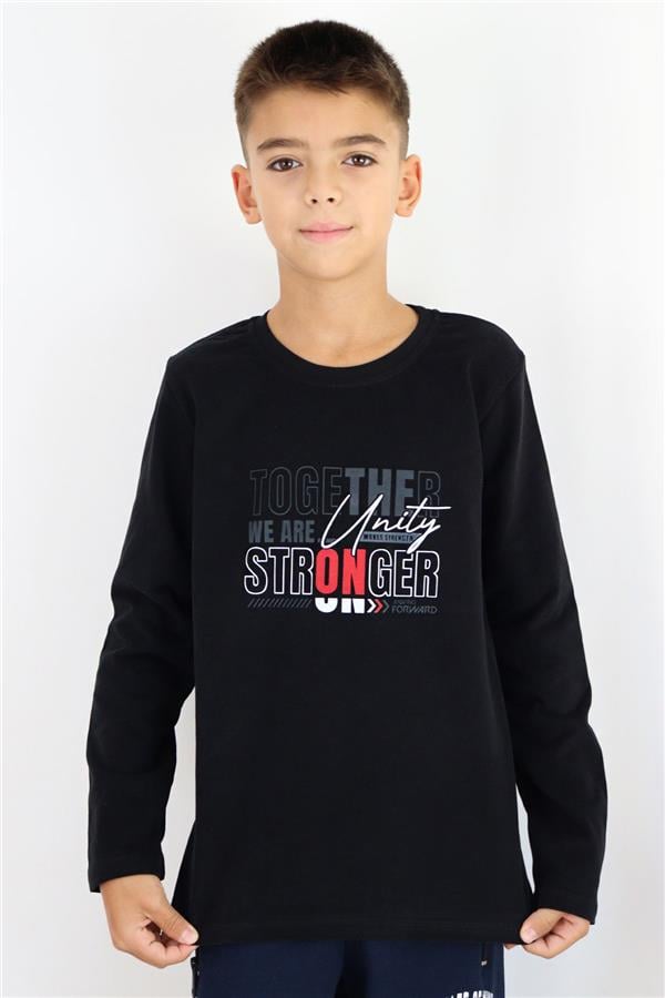 Boys' Long-Sleeve T-Shirt with Motivational Theme and Text Print, Black (Ages 6-12)
