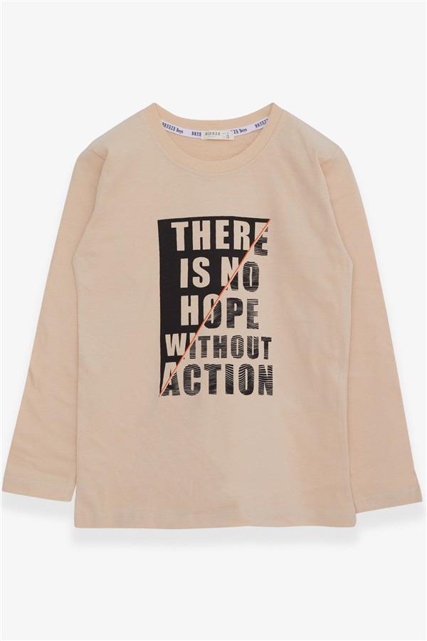 Boys' Long-Sleeve T-Shirt with Text Print, Beige (Ages 6-12)