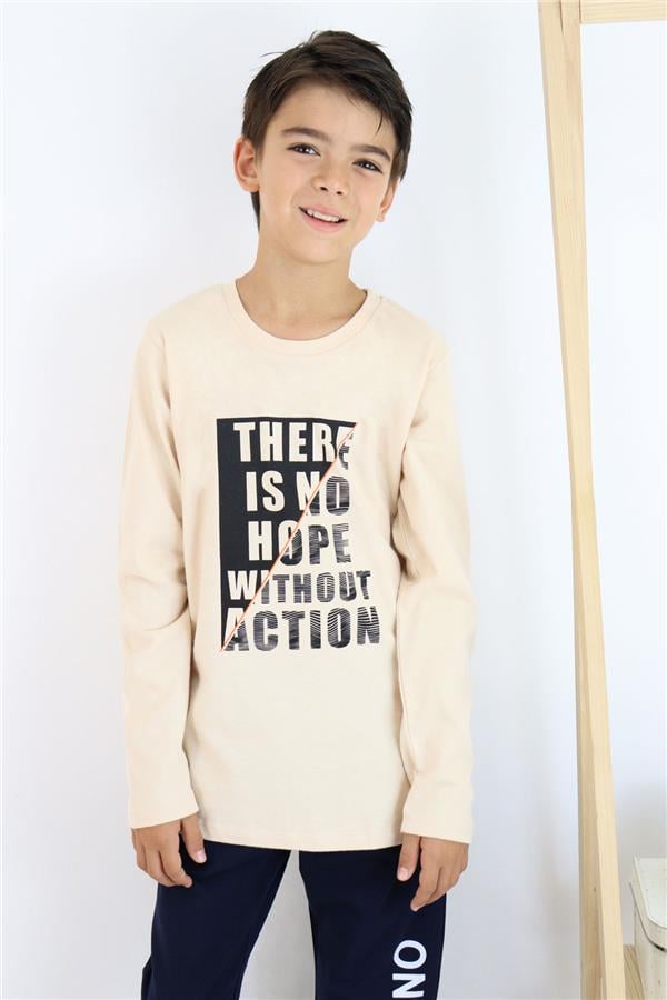 Boys' Long-Sleeve T-Shirt with Text Print, Beige (Ages 6-12)