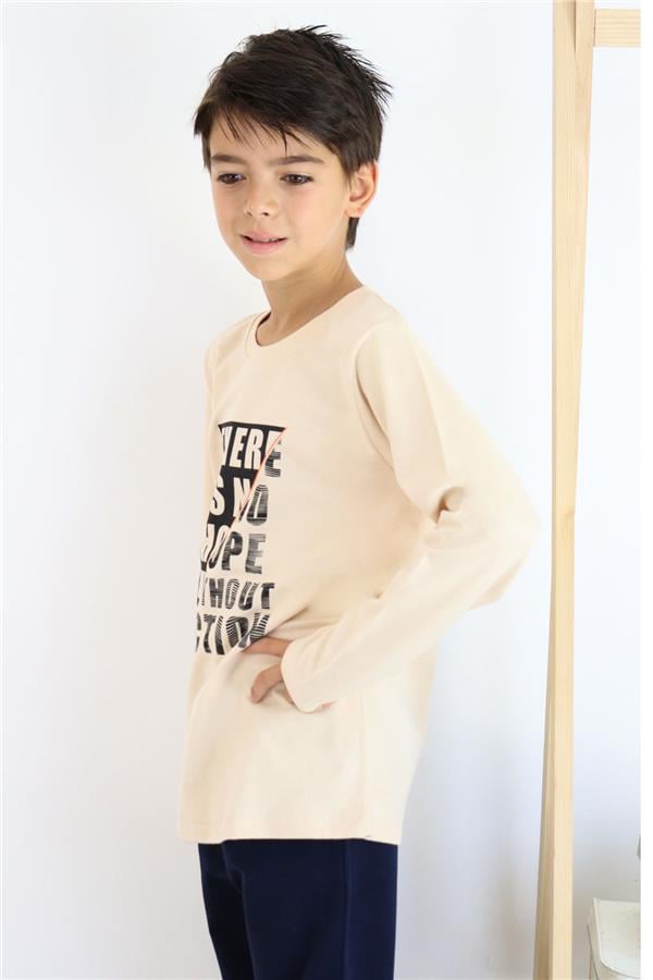 Boys' Long-Sleeve T-Shirt with Text Print, Beige (Ages 6-12)