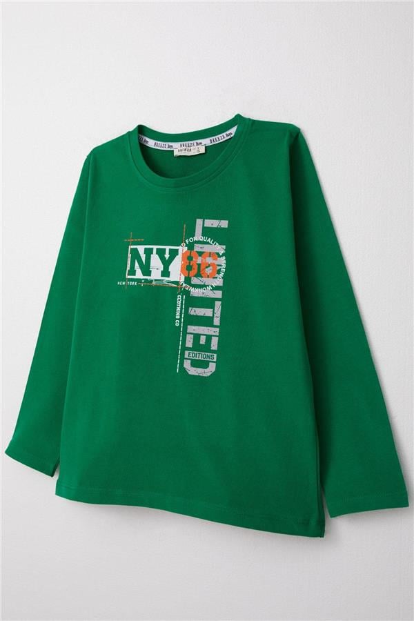 Boys' Long-Sleeve T-Shirt with Text Print, Dark Green (Ages 6-12)