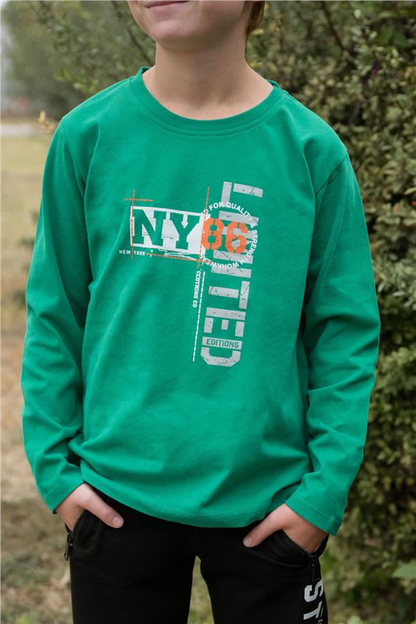 Boys' Long-Sleeve T-Shirt with Text Print, Dark Green (Ages 6-12)