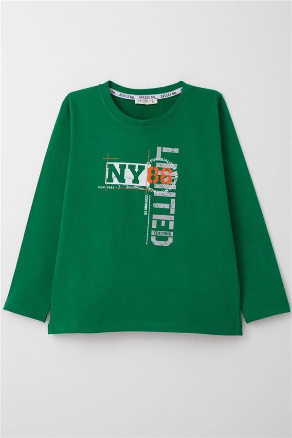 Boys' Long-Sleeve T-Shirt with Text Print, Dark Green (Ages 6-12)