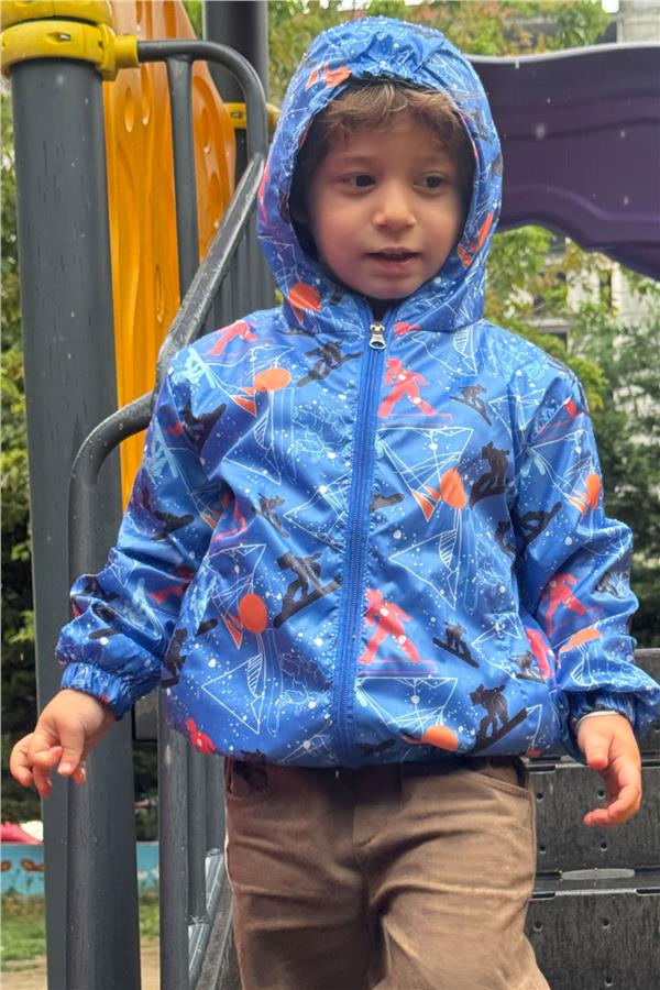 Boys' Raincoat, Winter Sports Theme, Skier Design, Navy Blue (Ages 1-5)