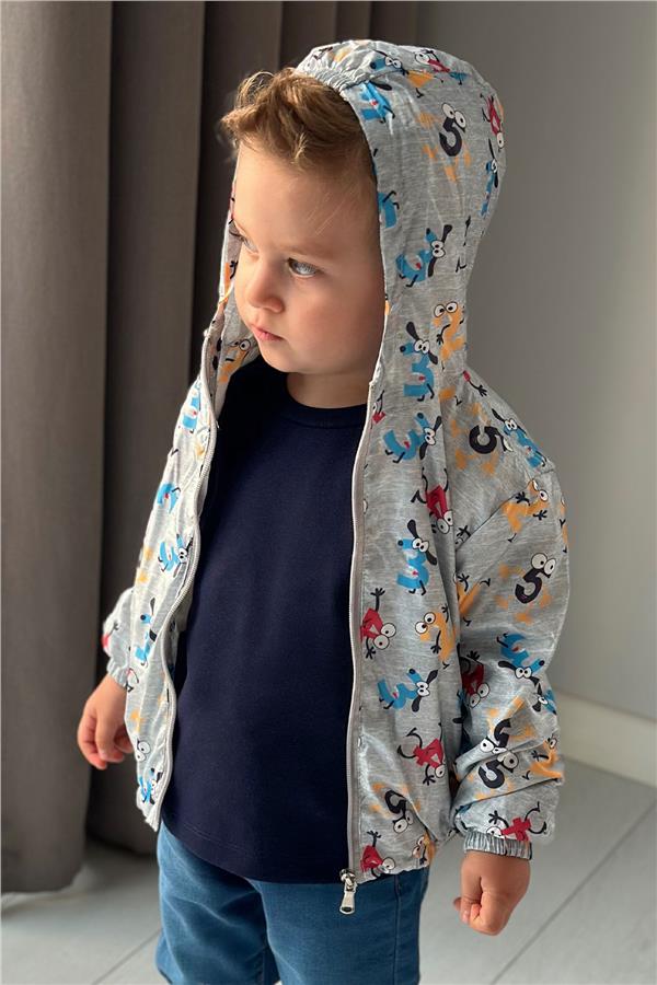 Boys' Raincoat with Colorful Surprised Numbers Pattern, Grey Melange (Ages 1-5)