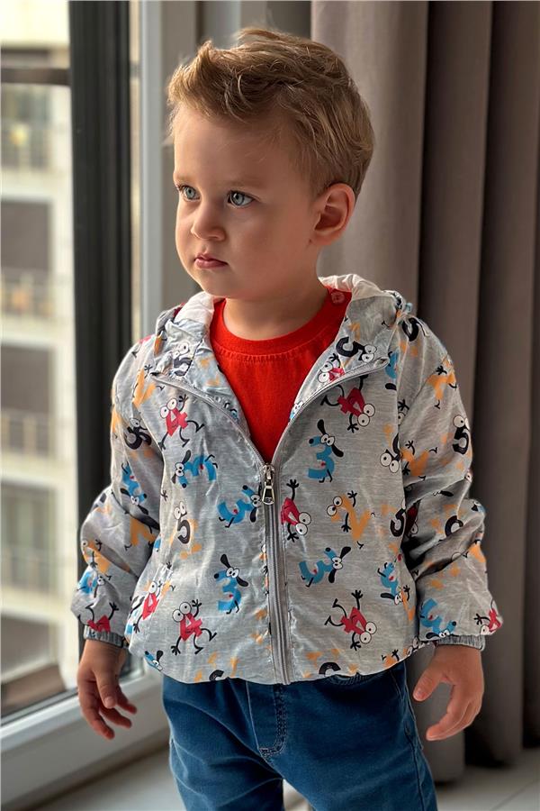 Boys' Raincoat with Colorful Surprised Numbers Pattern, Grey Melange (Ages 1-5)