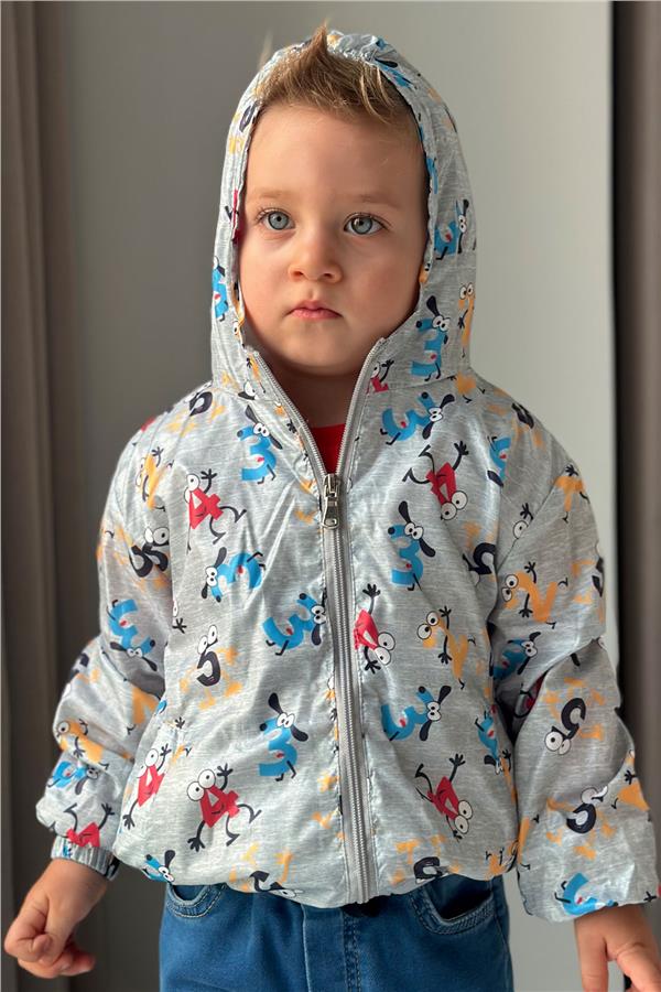 Boys' Raincoat with Colorful Surprised Numbers Pattern, Grey Melange (Ages 1-5)