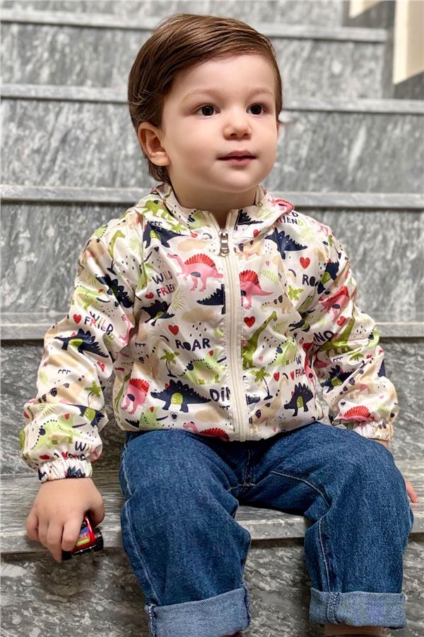 Boys' Warrior Dinosaur Patterned Raincoat, Off-White (Ages 1-5)