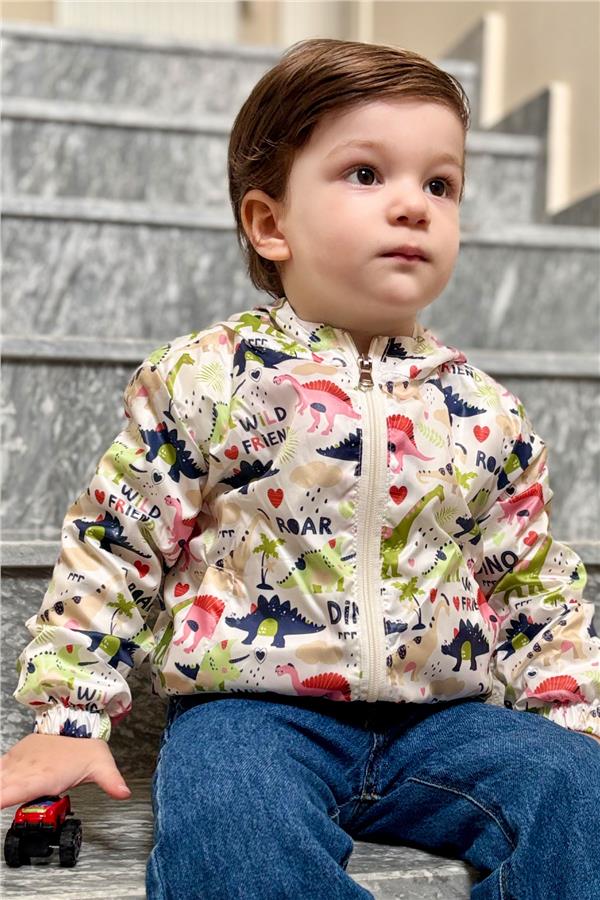 Boys' Warrior Dinosaur Patterned Raincoat, Off-White (Ages 1-5)