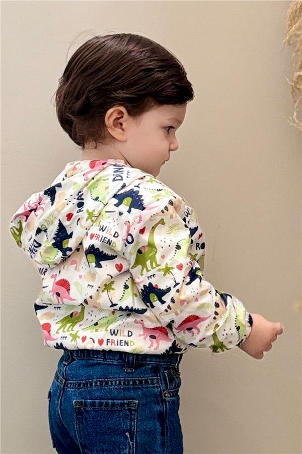 Boys' Warrior Dinosaur Patterned Raincoat, Off-White (Ages 1-5)