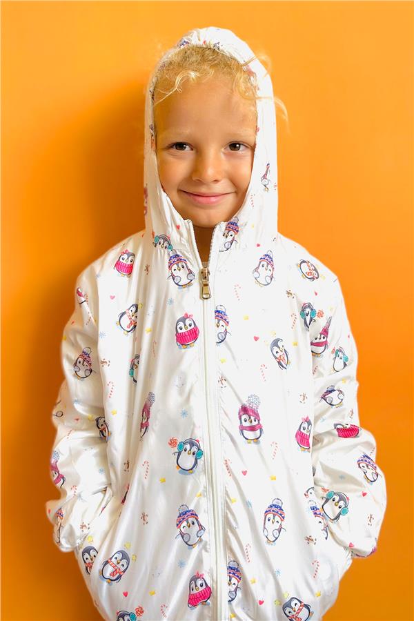 Boys' Raincoat with Cute Penguin Design, Christmas Theme, Off-White (Ages 1-5)