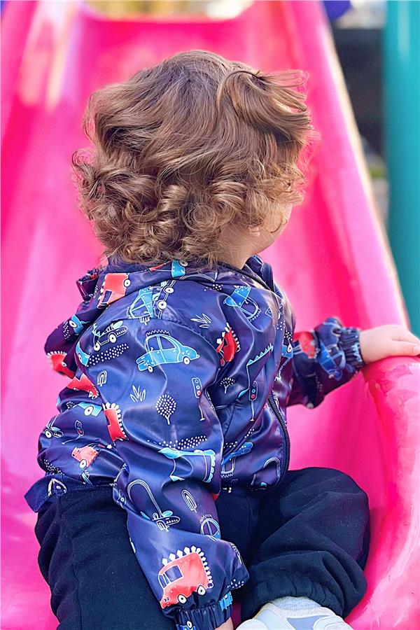 Boys' Raincoat with Traffic Theme and Vehicle Design, Navy Blue (Ages 1-4)