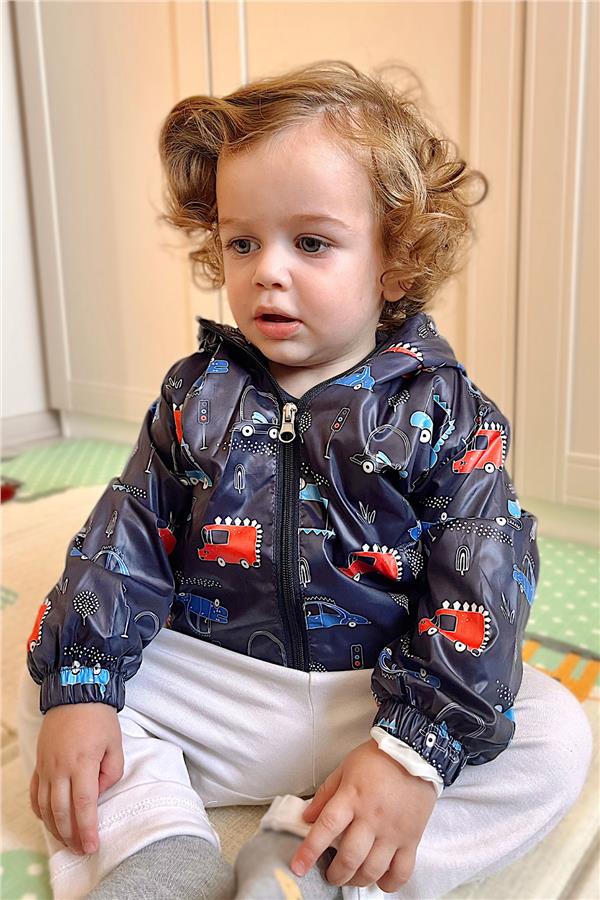 Boys' Raincoat with Traffic Theme and Vehicle Design, Navy Blue (Ages 1-4)
