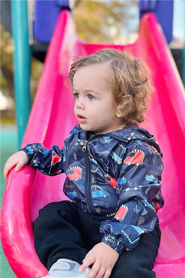 Boys' Raincoat with Traffic Theme and Vehicle Design, Navy Blue (Ages 1-4)