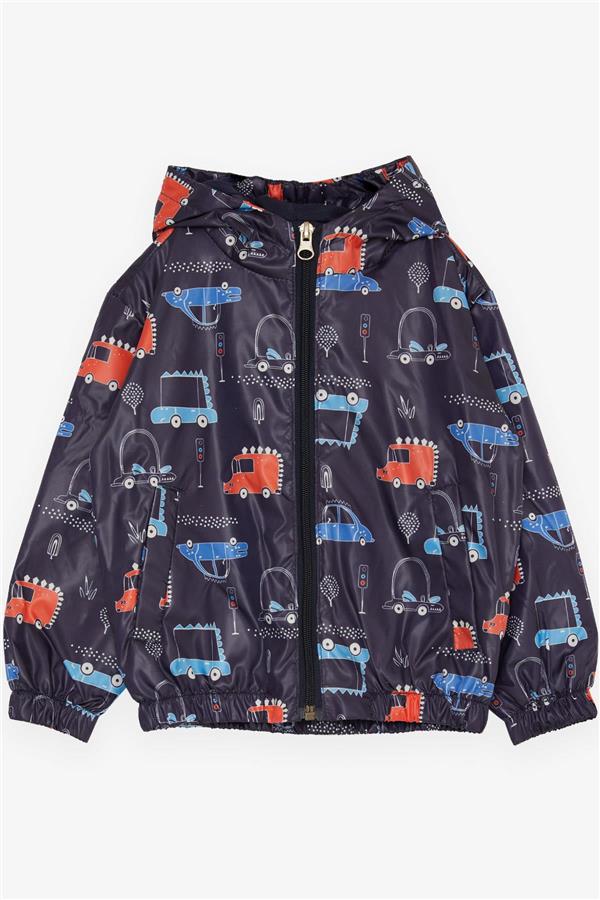 Boys' Raincoat with Traffic Theme and Vehicle Design, Navy Blue (Ages 1-4)