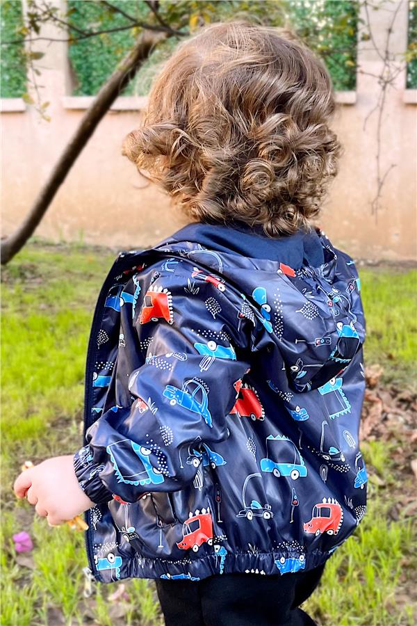Boys' Raincoat with Traffic Theme and Vehicle Design, Navy Blue (Ages 1-4)