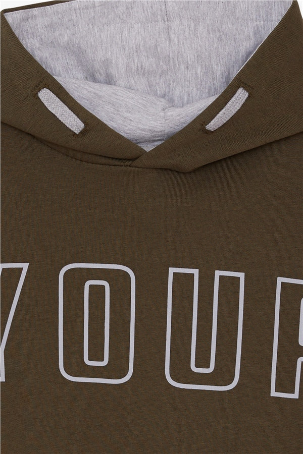 Boys' Printed Sweatshirt, Khaki Green (Ages 9-10)