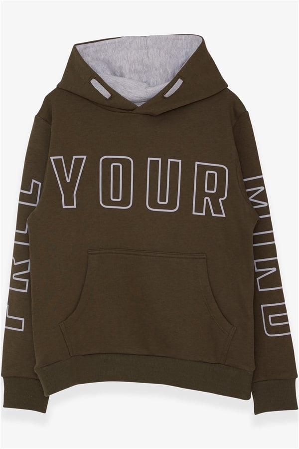 Boys' Printed Sweatshirt, Khaki Green (Ages 9-10)
