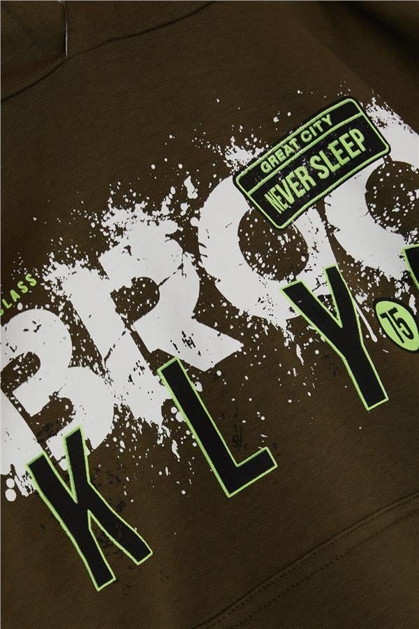 Boys' Printed Sweatshirt, Khaki Green (Ages 9-10)