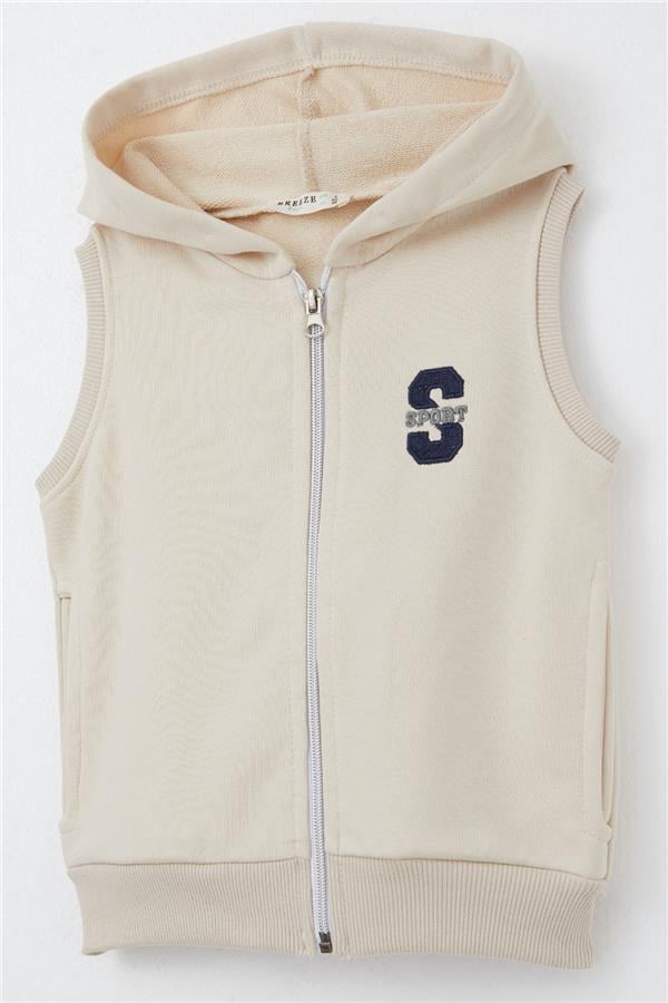 Boys' Vest with Embroidered Letters and Zipper, Beige (Ages 3-8)