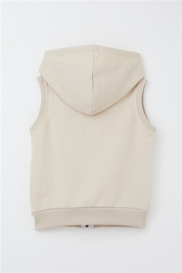 Boys' Vest with Embroidered Letters and Zipper, Beige (Ages 3-8)