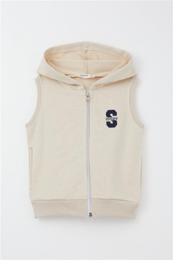 Boys' Vest with Embroidered Letters and Zipper, Beige (Ages 3-8)