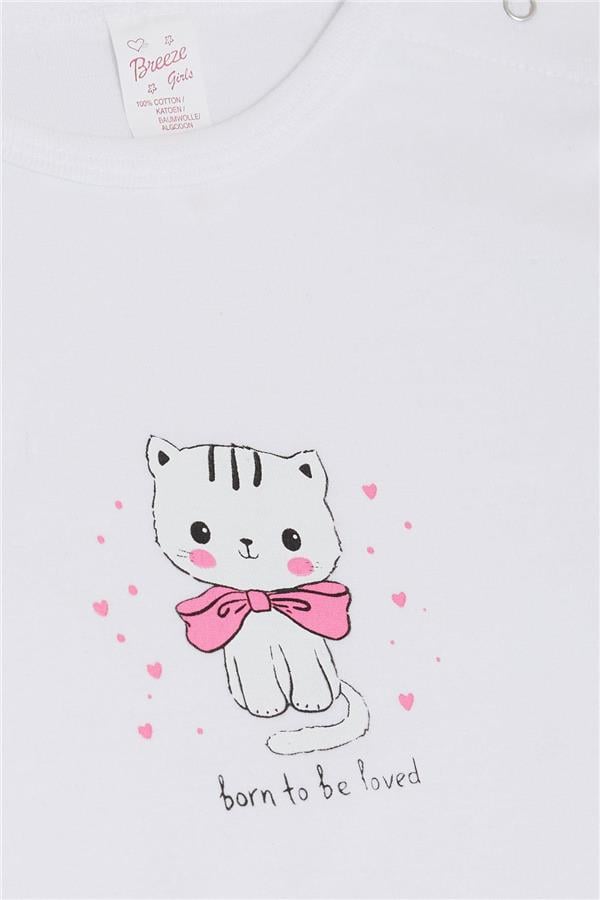 Baby Girl Snap-Button Bodysuit with Love Theme and Kitten Print, White (9 Months-3 Years)