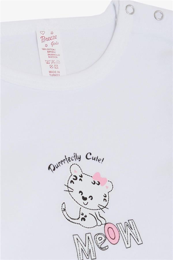 Baby Girl Snap-Button Bodysuit with Cute Kitten Print, White (9 Months-3 Years)