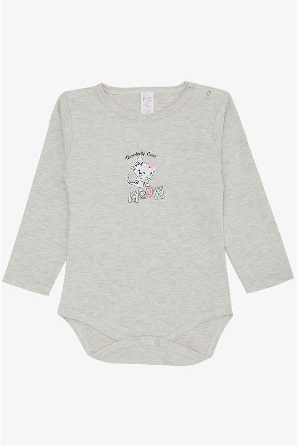 Baby Girl Snap-Button Bodysuit with Cute Baby Kitten Print, Light Grey Melange (9 Months-3 Years)