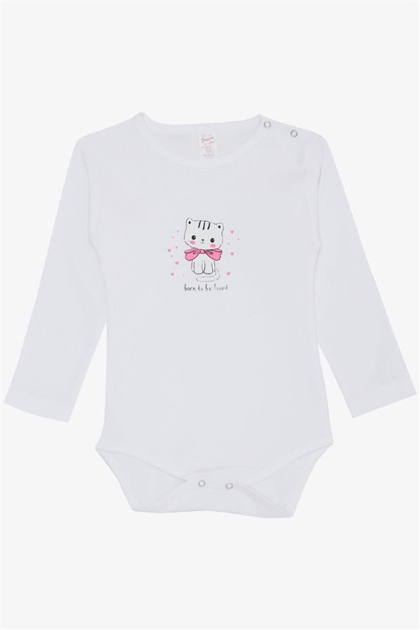 Baby Girl Snap-Button Bodysuit with Love Theme and Kitten Print, White (9 Months-3 Years)