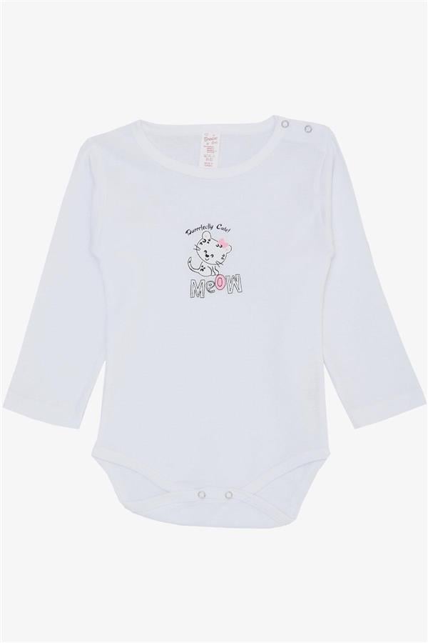 Baby Girl Snap-Button Bodysuit with Cute Kitten Print, White (9 Months-3 Years)