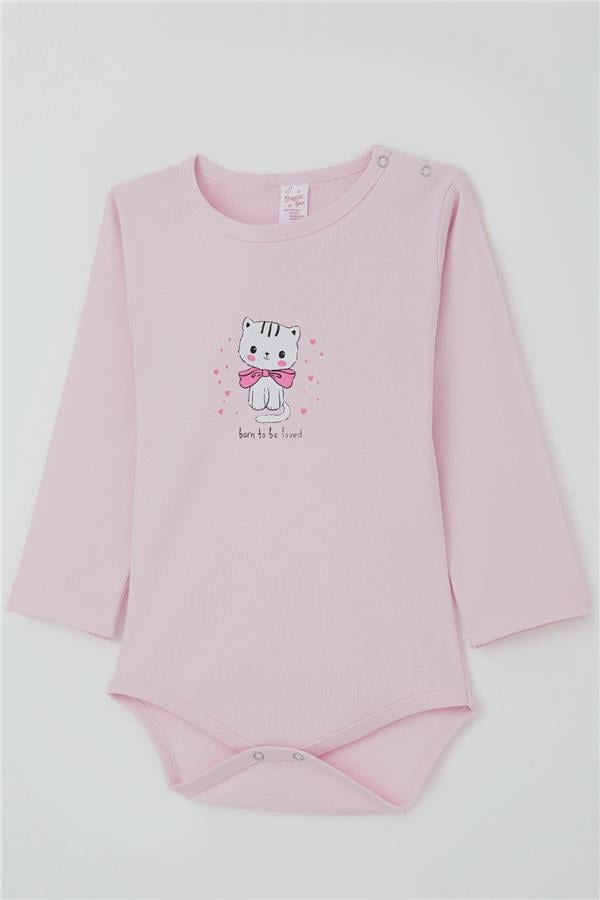 Baby Girl Snap-Button Bodysuit with Love Theme, Kitten Print, Pink (9 Months-3 Years)