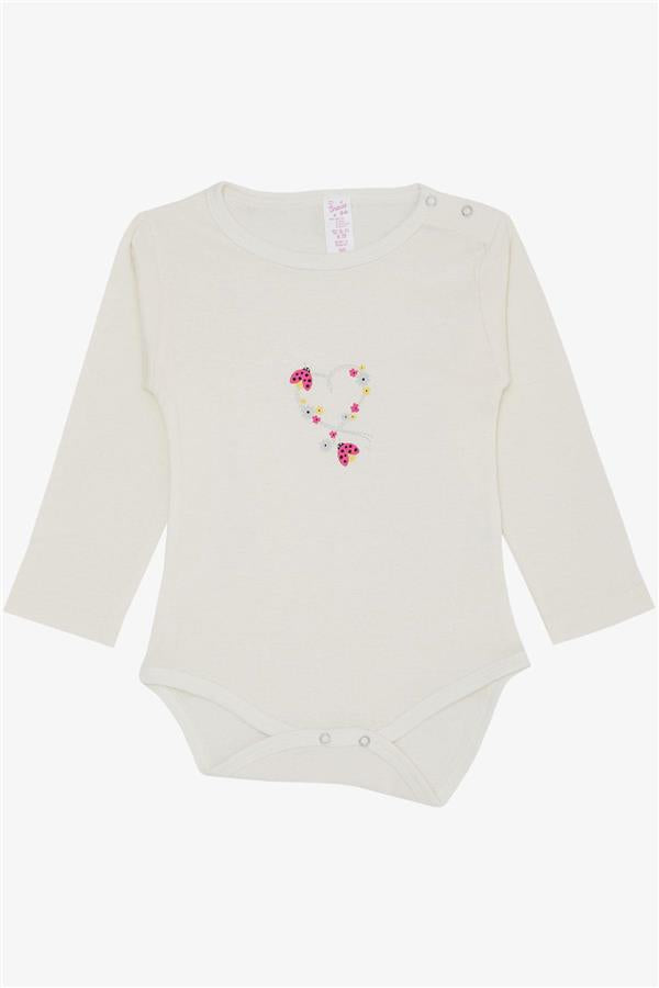 Baby Girl Snap-Button Bodysuit with Ladybug Print, Floral Design, Ecru (9 Months-3 Years)