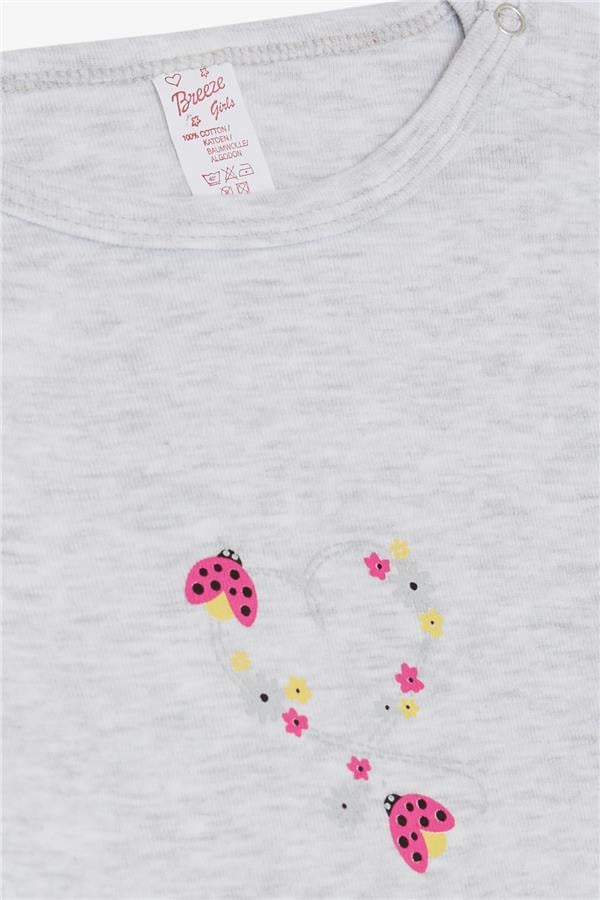 Baby Girl Snap-Button Bodysuit with Ladybug Print, Floral Design, Light Grey Melange (9 Months-3 Years)