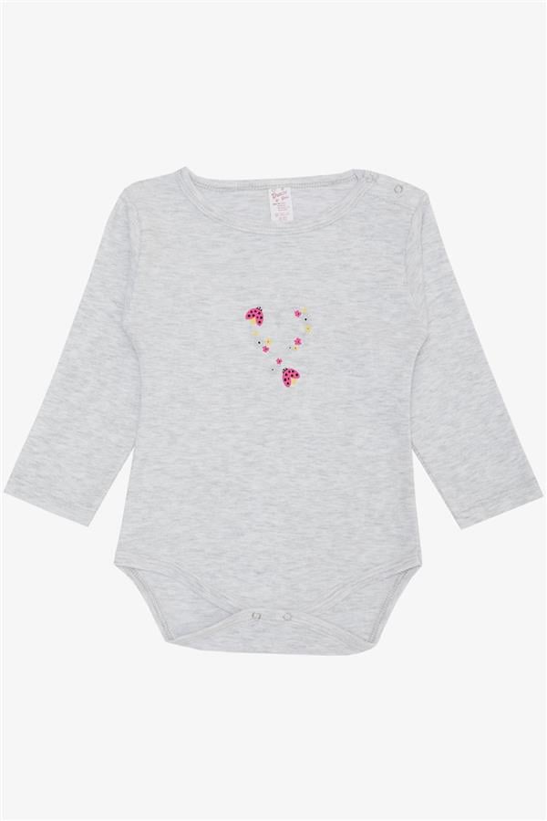 Baby Girl Snap-Button Bodysuit with Ladybug Print, Floral Design, Light Grey Melange (9 Months-3 Years)