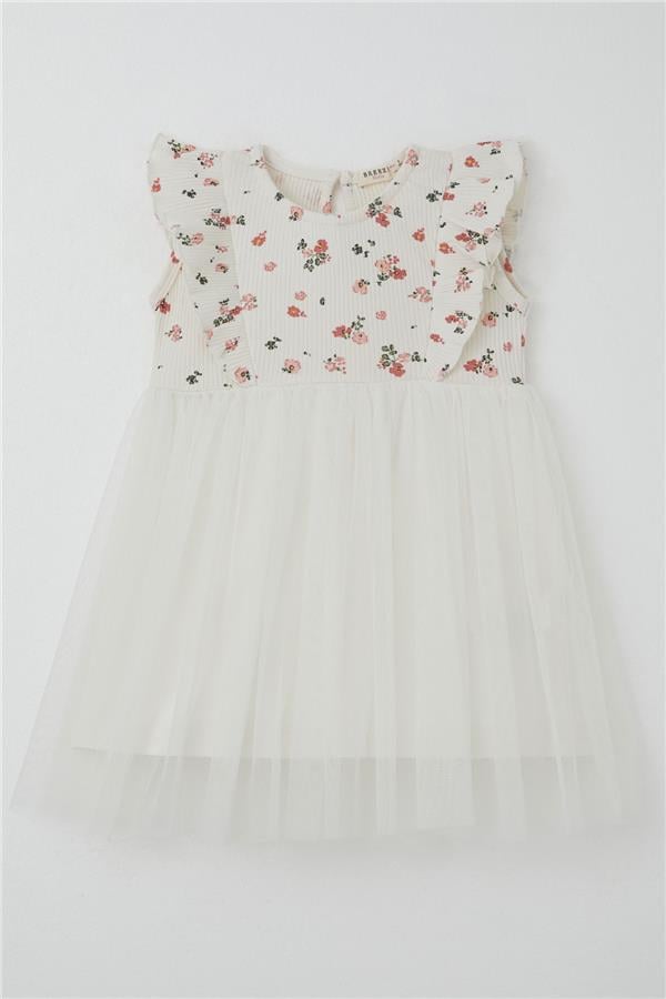 Baby Girl Dress with Flowers, Tulle and Ruffles, Ecru (9 Months-3 Years)