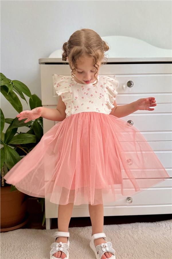 Baby Girl Dress with Flowers, Tulle and Ruffles, Ecru (9 Months-3 Years)