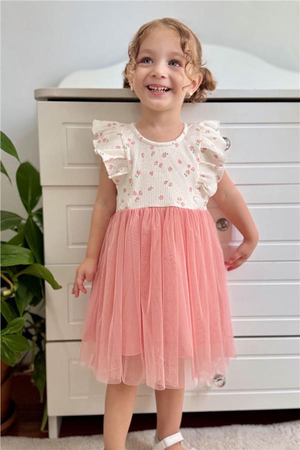 Baby Girl Dress with Flowers, Tulle and Ruffles, Ecru (9 Months-3 Years)