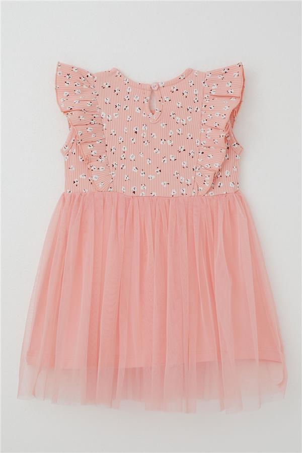 Baby Girl Dress with Flowers, Tulle and Ruffles, Salmon Color (9 Months-3 Years)