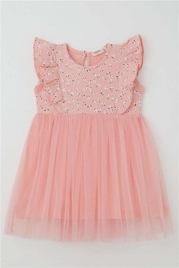 Baby Girl Dress with Flowers, Tulle and Ruffles, Salmon Color (9 Months-3 Years)