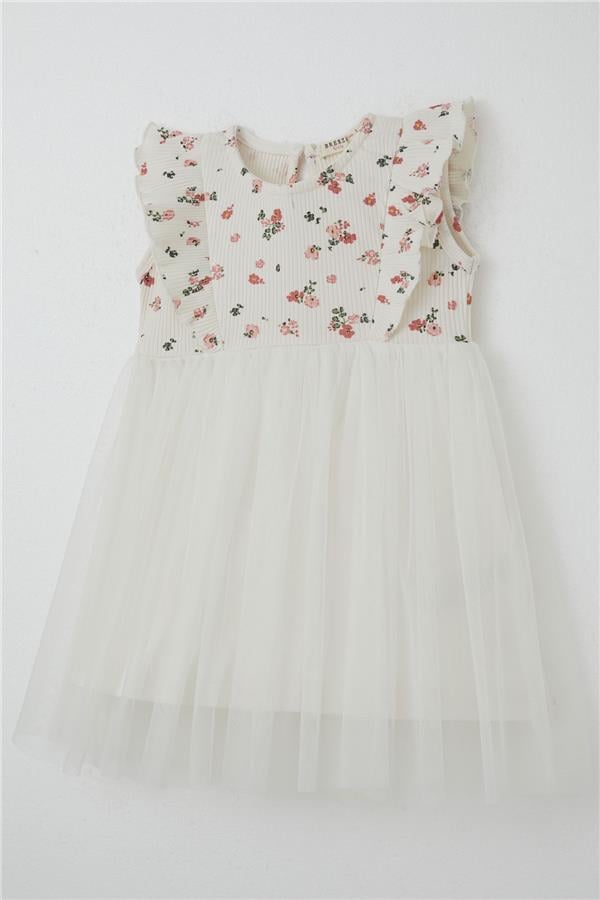 Baby Girl Dress with Flowers, Tulle and Ruffles, Ecru (9 Months-3 Years)