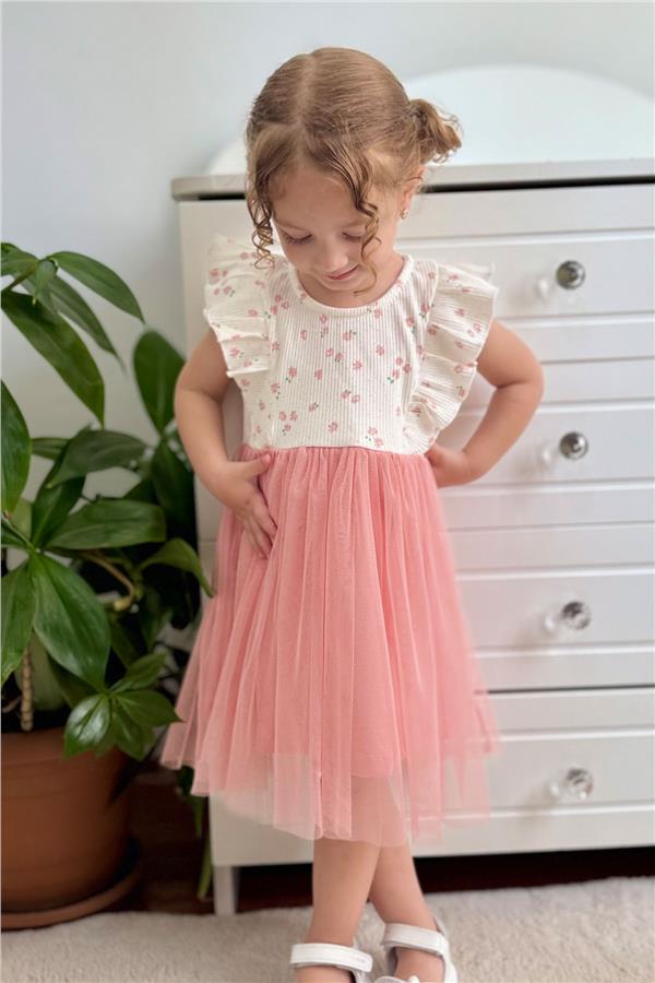 Baby Girl Dress with Flowers, Tulle and Ruffles, Ecru (9 Months-3 Years)