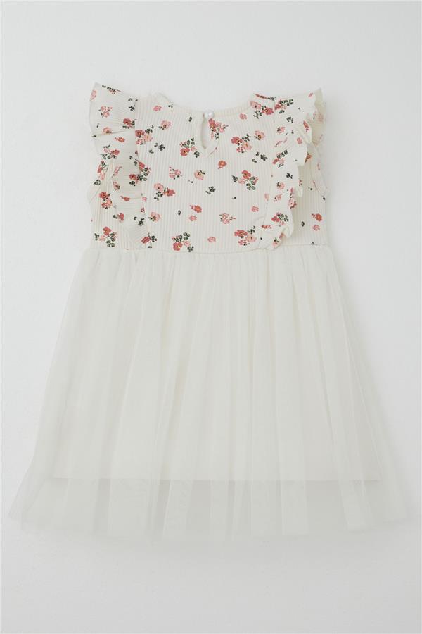 Baby Girl Dress with Flowers, Tulle and Ruffles, Ecru (9 Months-3 Years)
