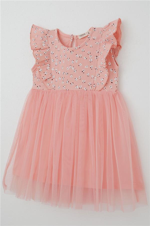 Baby Girl Dress with Flowers, Tulle and Ruffles, Salmon Color (9 Months-3 Years)