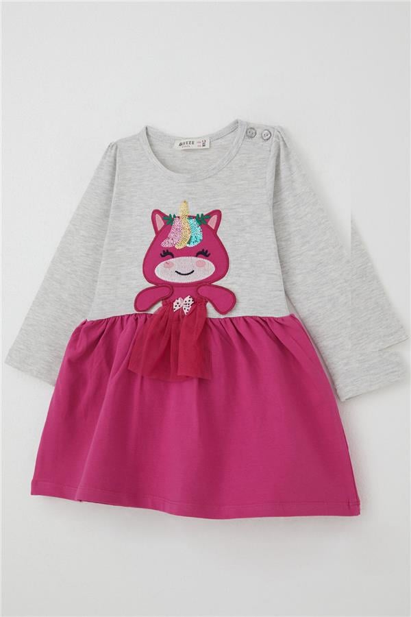 Baby Girl Long-Sleeved Dress with Sequined Embroidered Kitten, Light Grey Melange (1-1.5 Years)